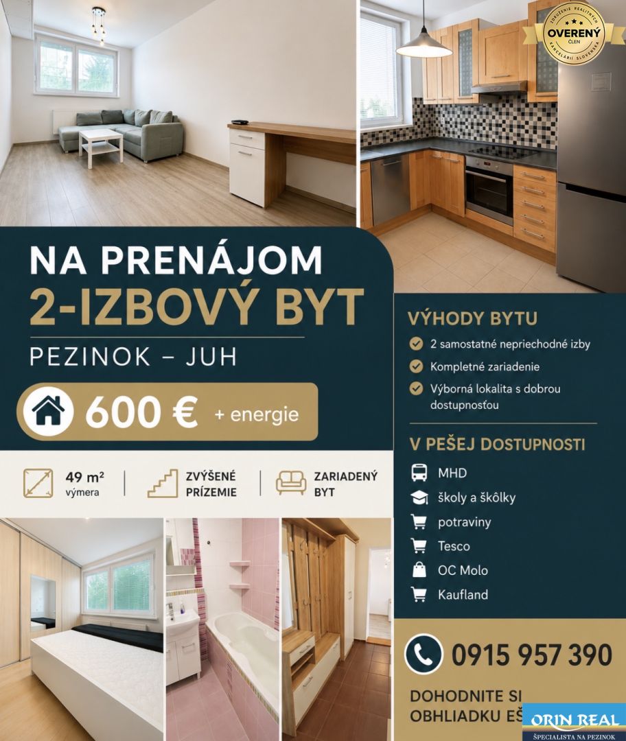 Na prenájom zariadený 2izbový byt Pezinok Juh