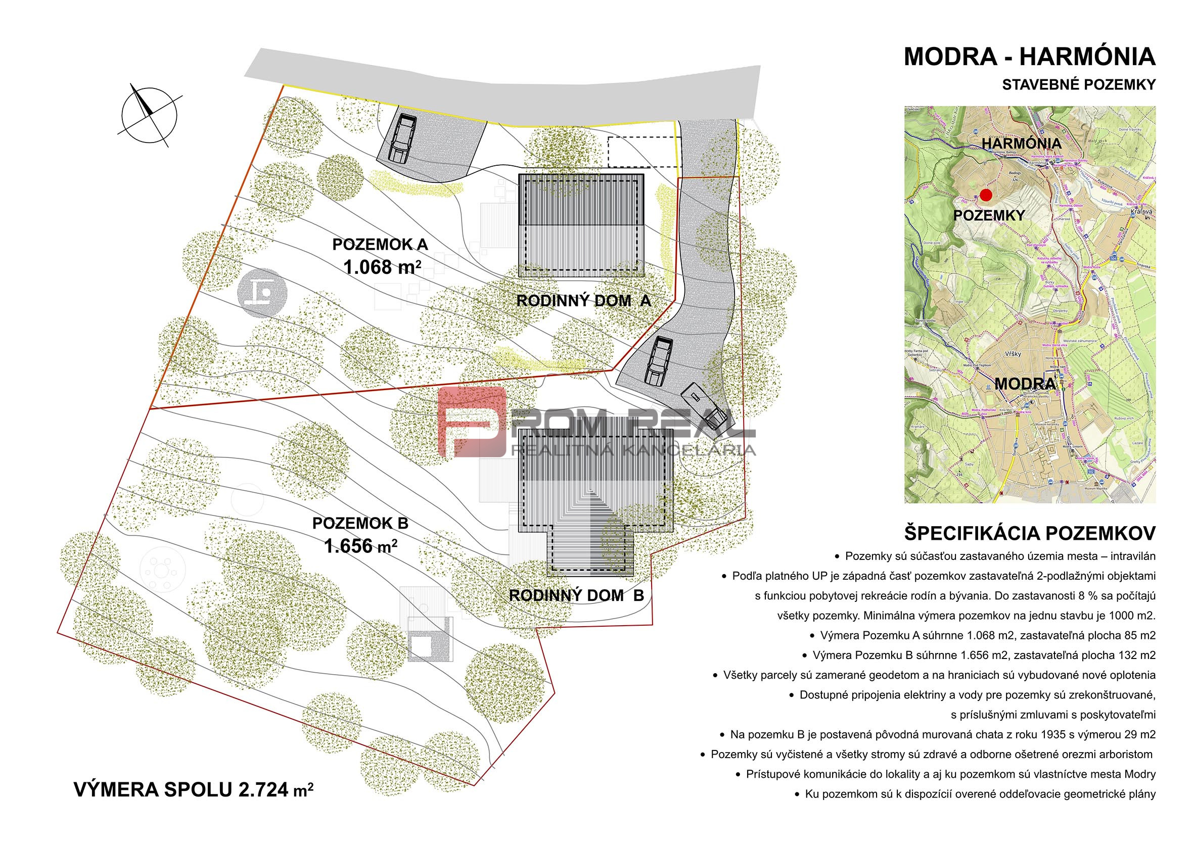 PREDAJ stavebných pozemkov MODRA Harmónia - 1068m2, 1656m2, 2725m2